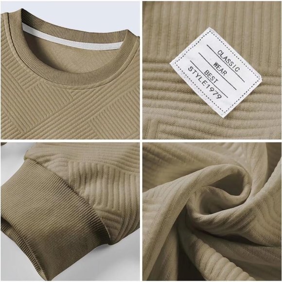 Men Men's Crewneck Sweat‎ Soild Color Geometric Texture Long Sleeve Casual Shirt - Picture 5 of 7